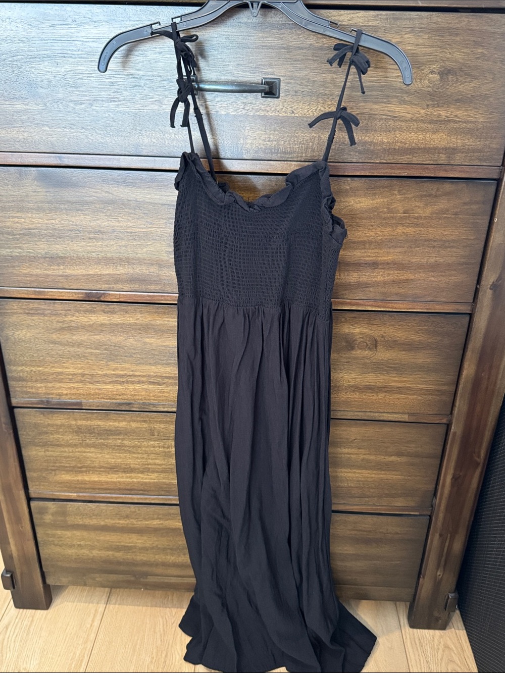 Smocked Black Maxi Dress with Tie-Shoulder Straps